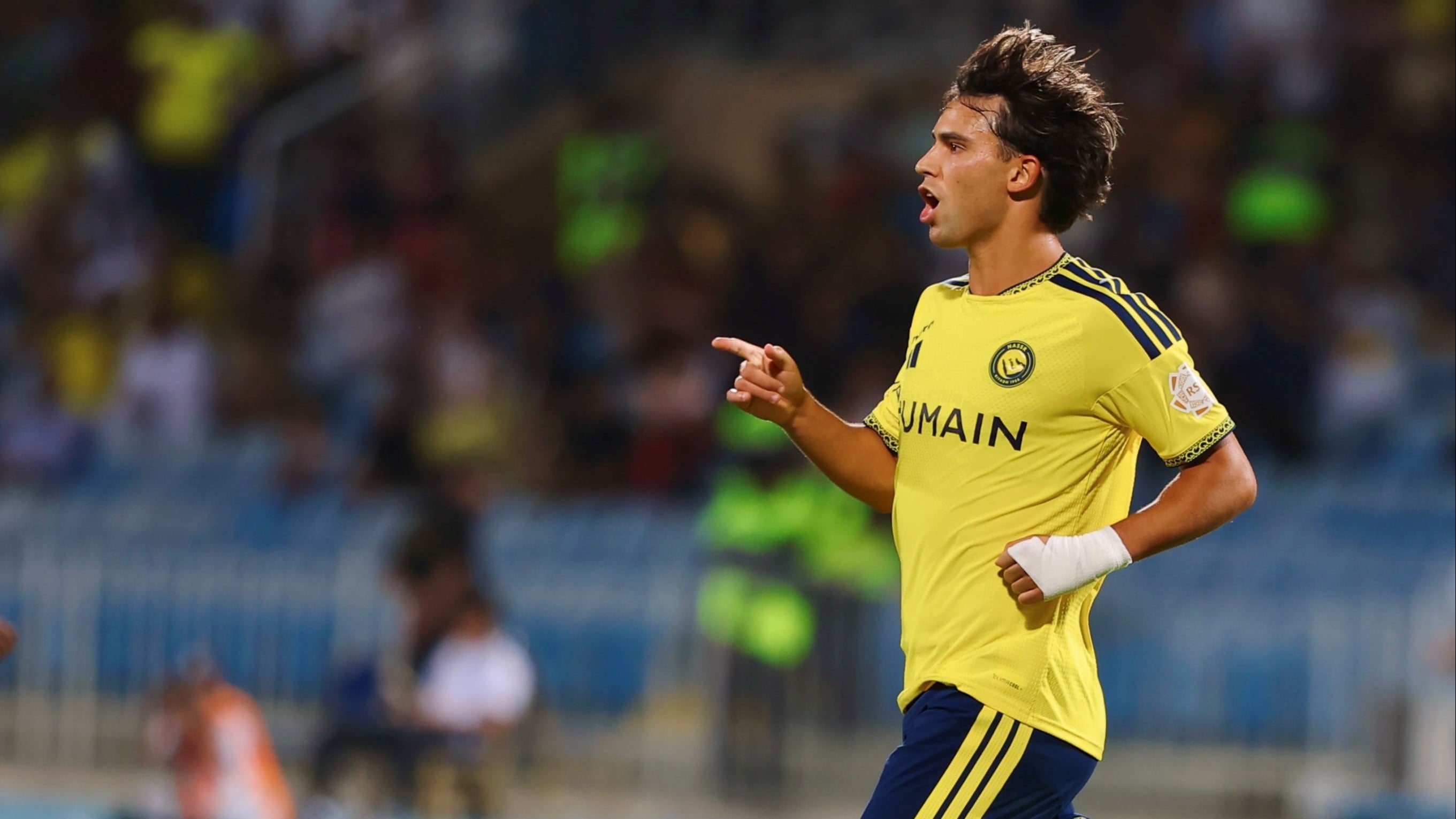 Selebrasi Joao Felix saat mencetak gol dalam laga Al Riyadh vs Al Nassr di Liga Pro Saudi 2026/2027, Jumat (21/8/2026).