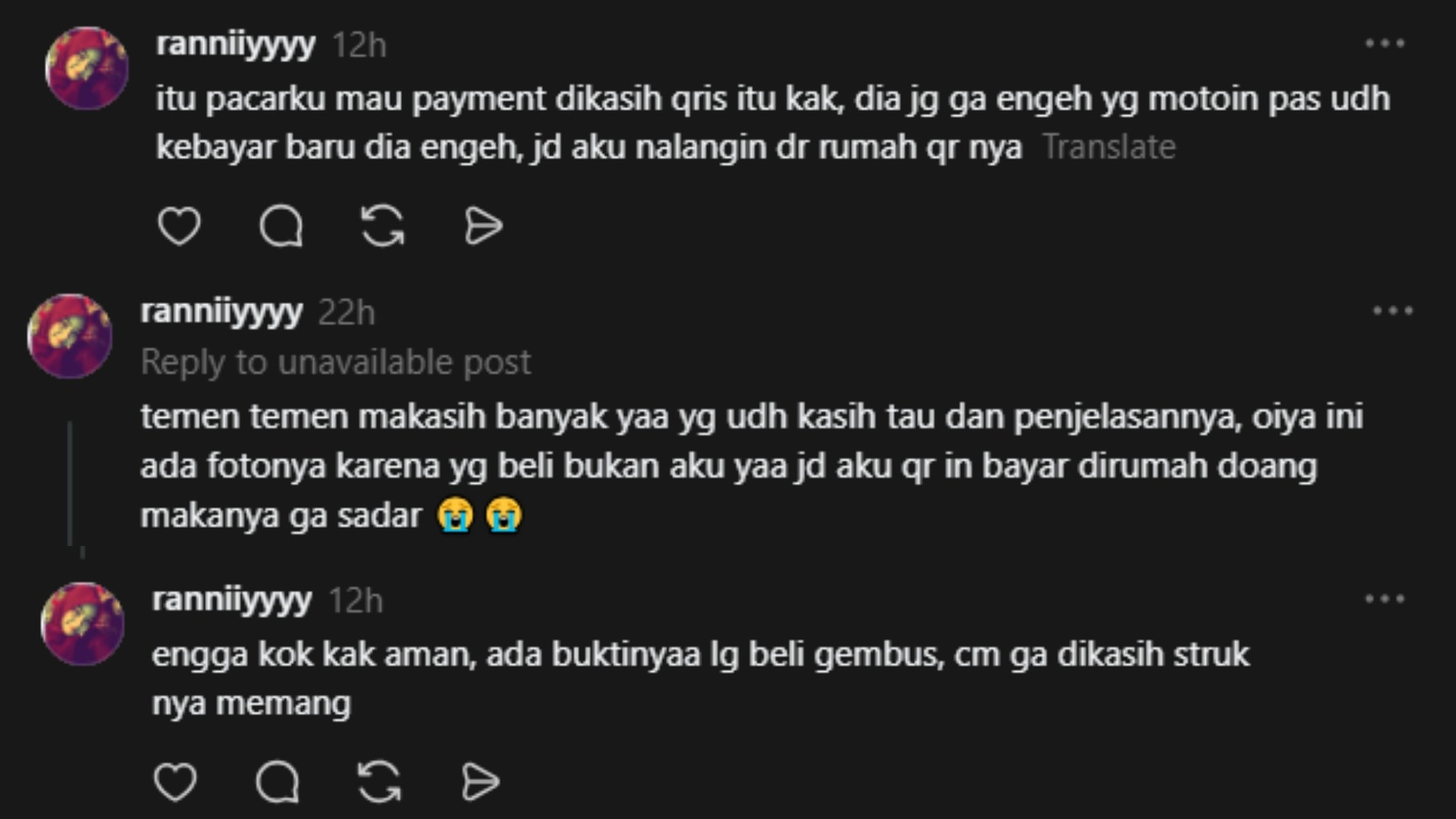 Penjelasan pemilik akun @ranniiyyy yang tak sadar dengan kode QR yang diberikan oleh kasir Ayam Gepuk Pak Gembus Joglo dan diduga sebagai kode QR judol