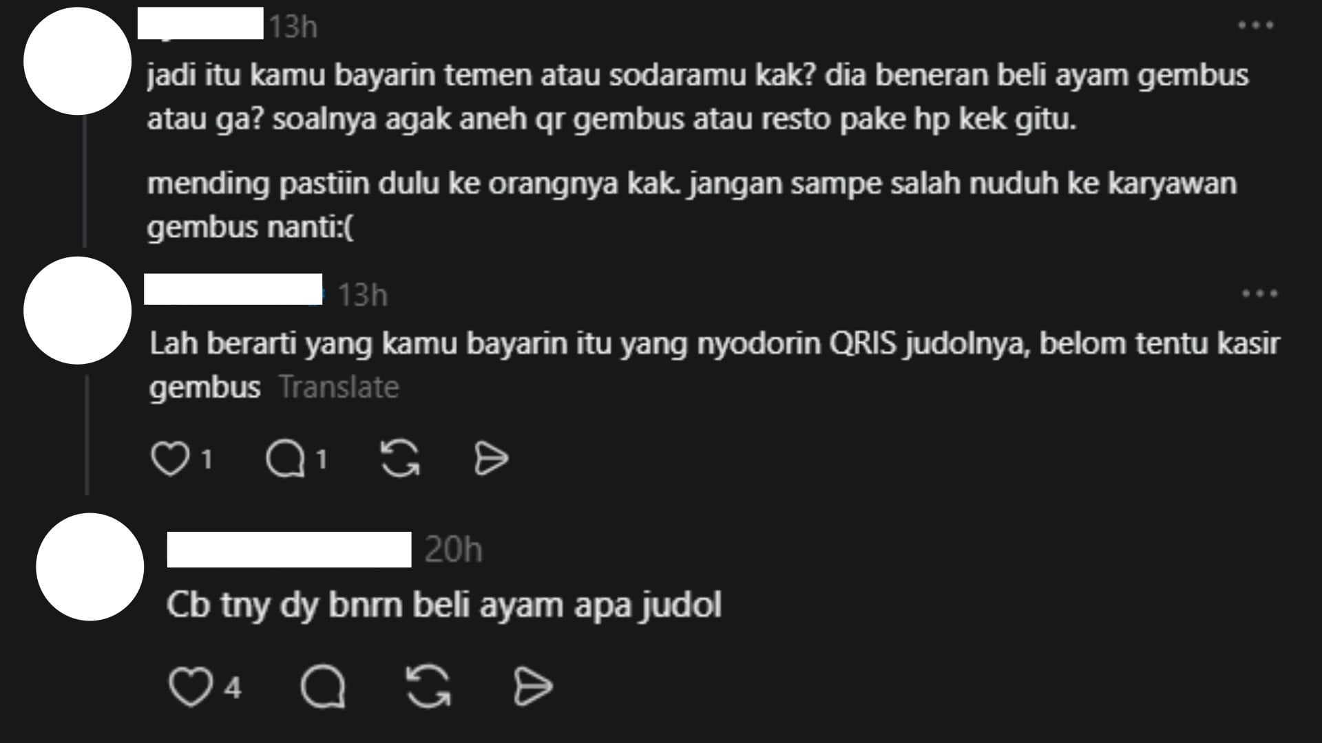 Komentar netizen Threads terhadap dugaan kode QR judol yang diberikan oleh kasir Ayam Gepuk Pak Gembus Joglo
