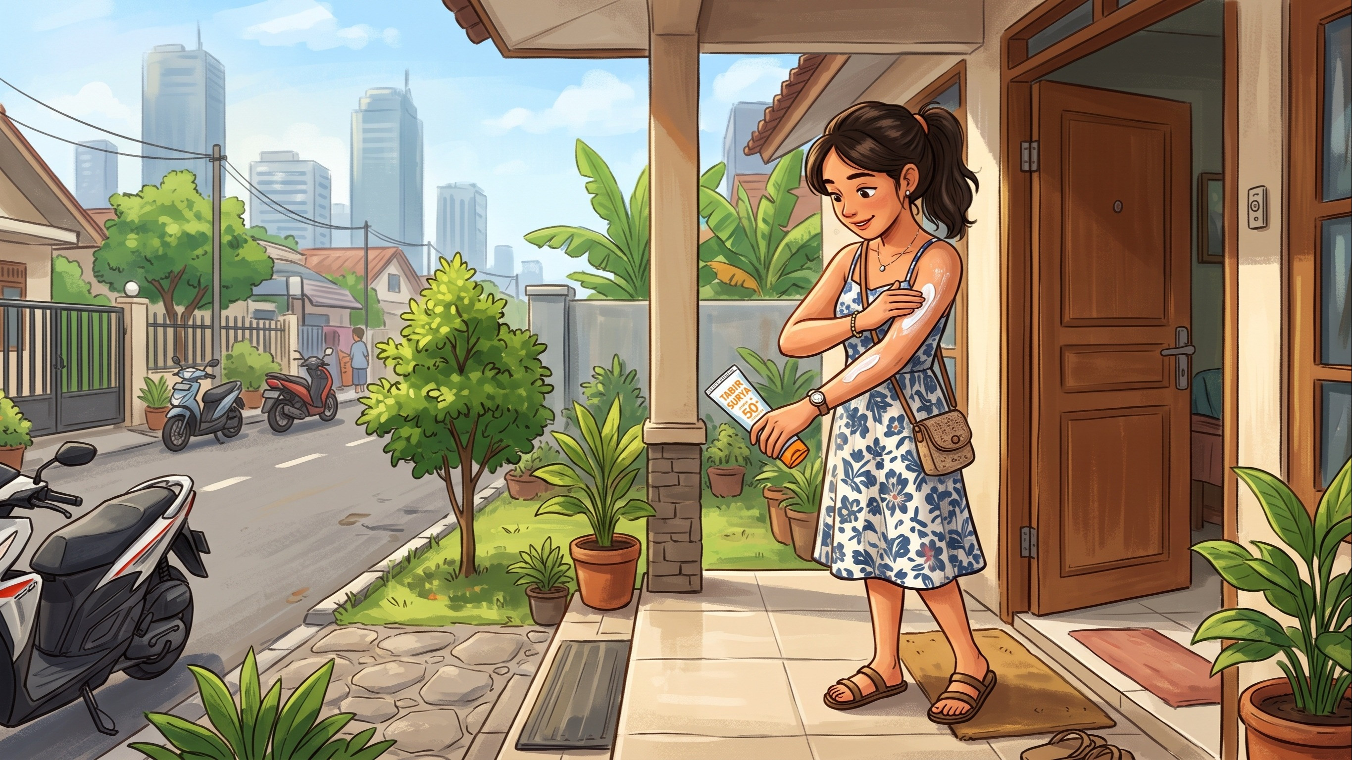 Ilustrasi menggunakan tabir surya untuk menghadapi cuaca panas