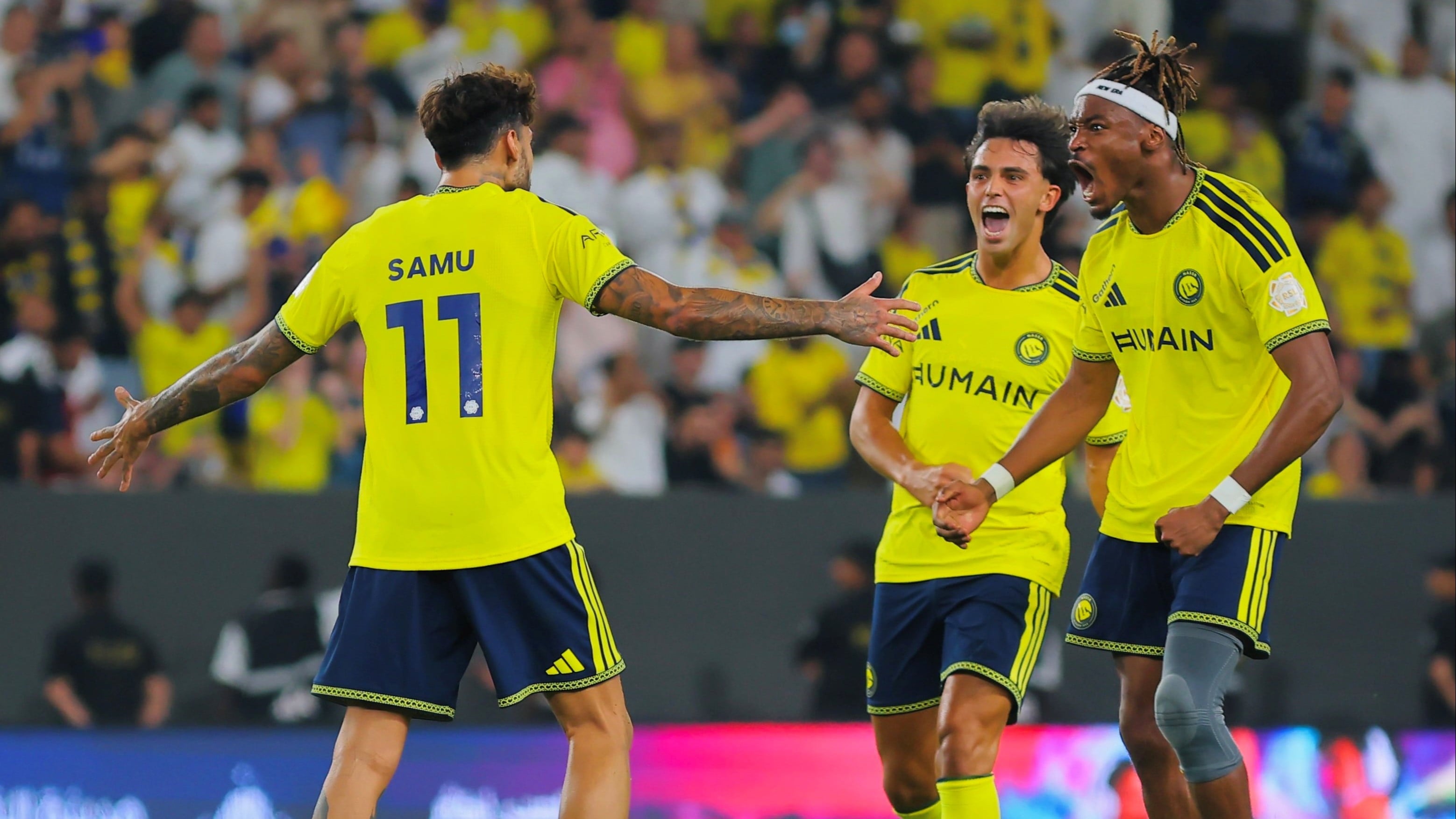 Selebrasi Samu Costa bersama Joao Felix dan Mohammed Simakan dalam laga Al Nassr vs Al Taawon di Liga Pro Saudi 2026/2027, Sabtu (29/8/2026).