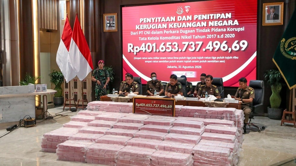Kejaksaan Agung RI sita uang Rp401 Miliar terkait dugaan korupsi tata kelola nikel PT. Citra Nugraha Indotama (CNI), di Kejagung, Jakarta Selatan, Senin (31/8/2026)