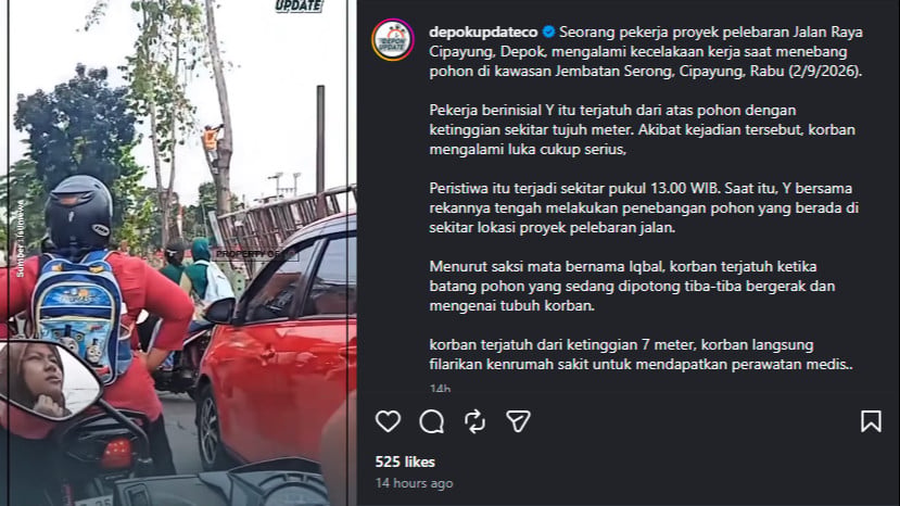 Pekerja penebang pohon di Depok terluka setelah batang yang ditebang kena dirinya sendiri