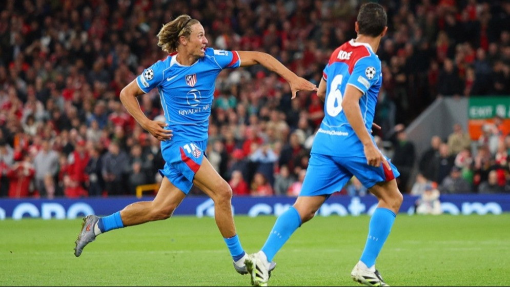 Marcos Llorente rayakan gol Atletico Madrid ke gawang Liverpool