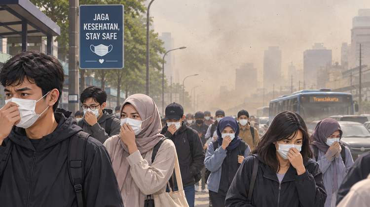 Ilustrasi pakai masker efek abu vulkanik Anak Krakatau
