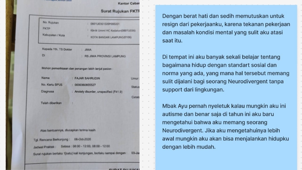 Fajar Sahrudin mengunggah diagnosa gangguan mentalnya dan neurodivergent di autobiografinya.