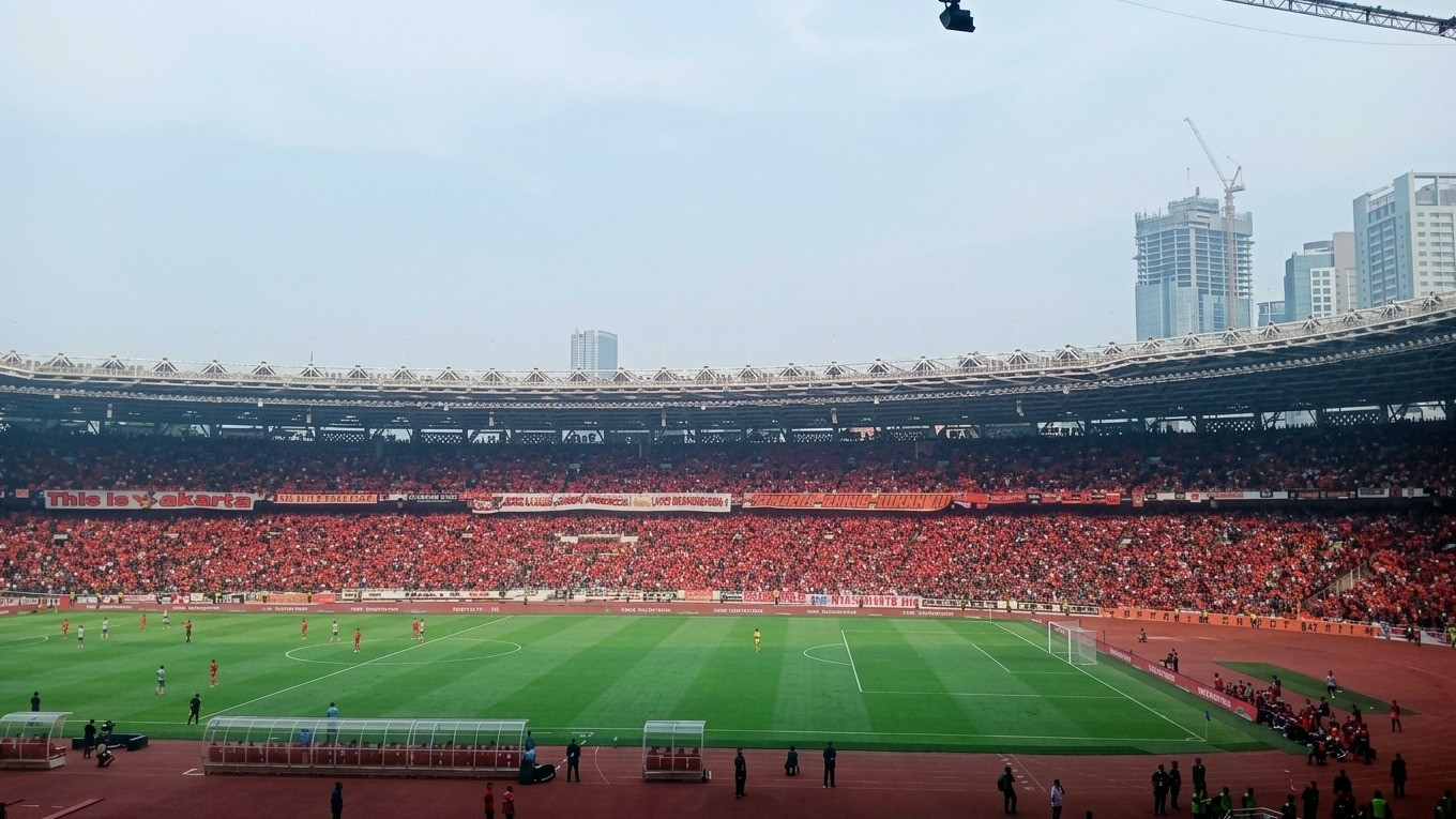 Suporter the Jakmania saat mendukung Persija Jakarta di laga el clasico melawan Persib Bandung di SUGBK