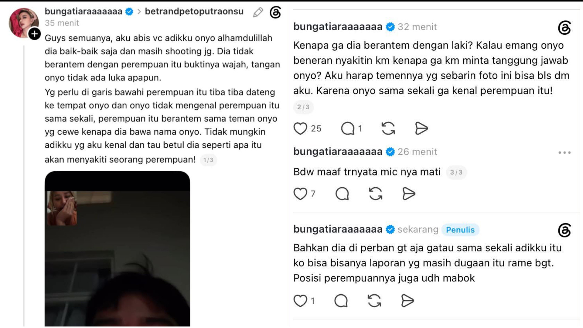 Unggahan Threads Bunga Tiara terkait kasus dugaan kekerasan seksual Betrand Peto