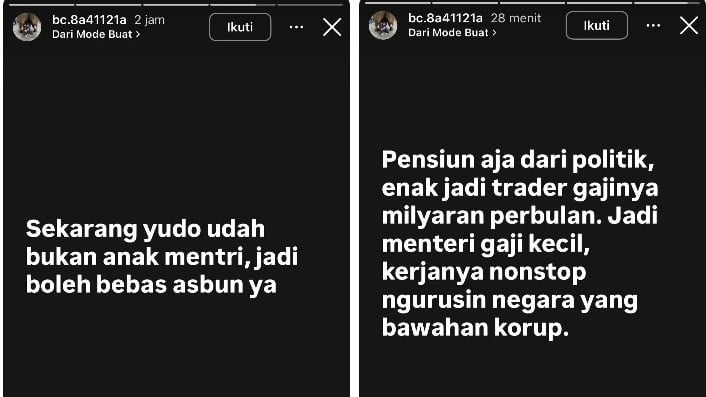 Status WhatsApp anak Purbaya, Yudo Sadewa di akun instagram pribadinya, pada Senin (15/9/2026).