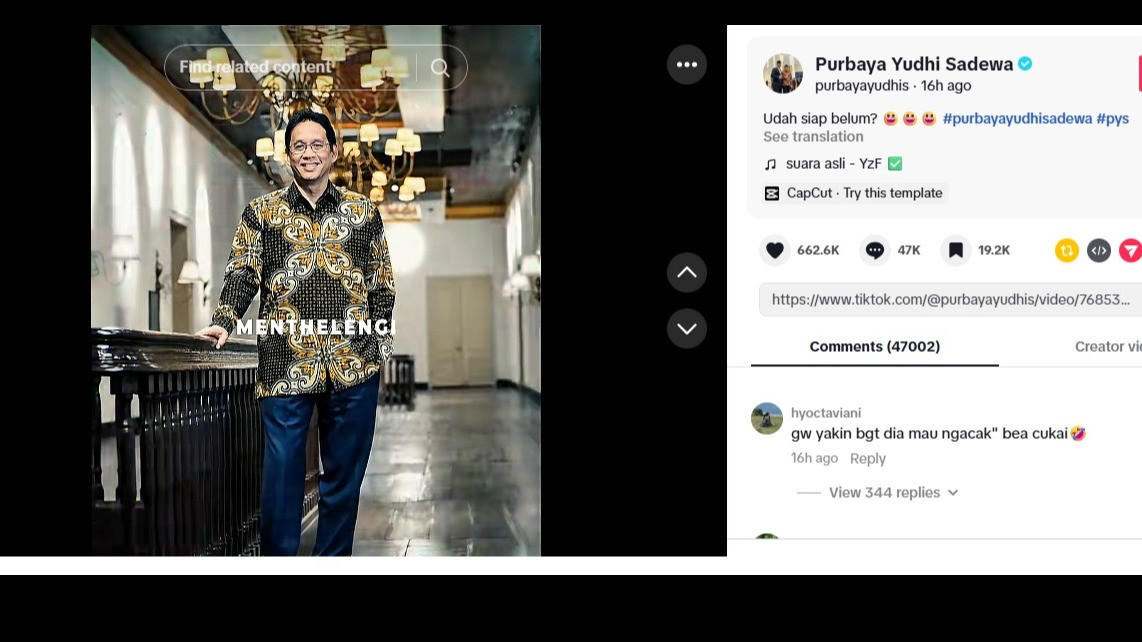 Postingan mantan Menteri Keuangan, Purbaya di TikTok.