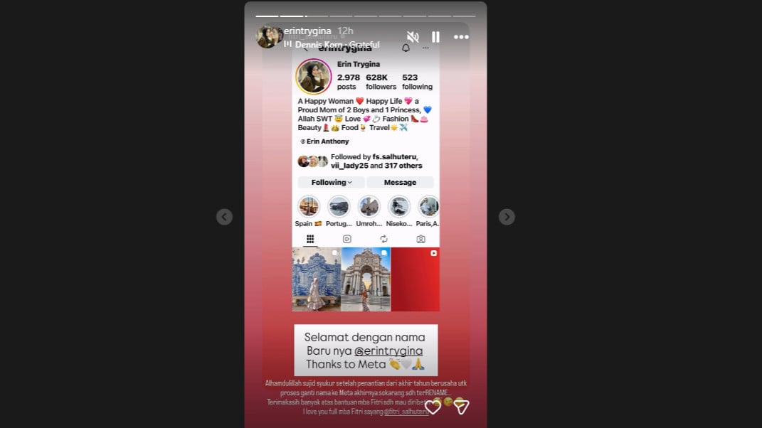 Erin Wartia buang nama  Taulany  di username Instagram