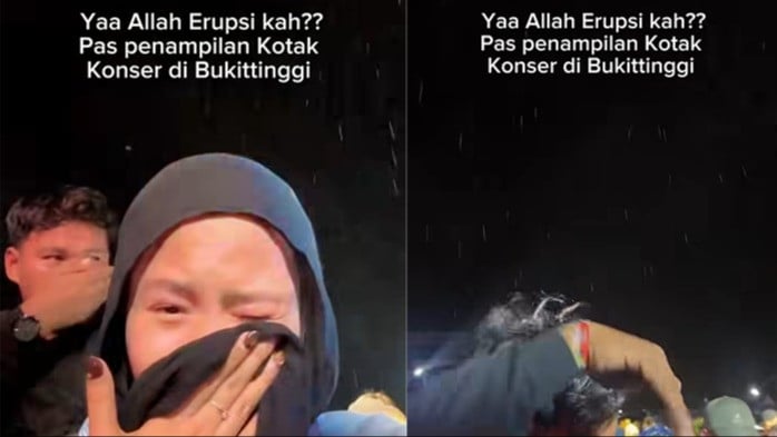 Penonton diguyur hujan abu Gunung Marapi saat pemampilan Band Kotak pada acara Highland Fest 2026