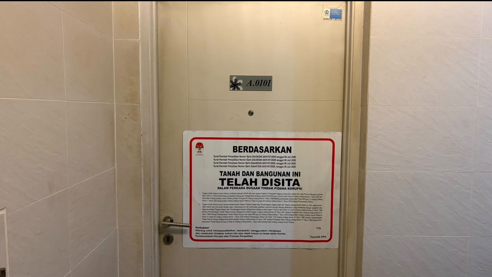 Apartemen Anggota DPRD Kota Bengkulu Vinna Ledy Anggraheni di wilayah Tebet, Jakarta Selatan.