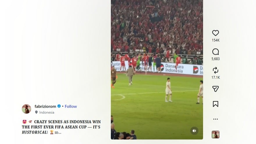 Fabrizio Romano unggah detik-detik kemenangan Timnas Indonesia atas Thailand.