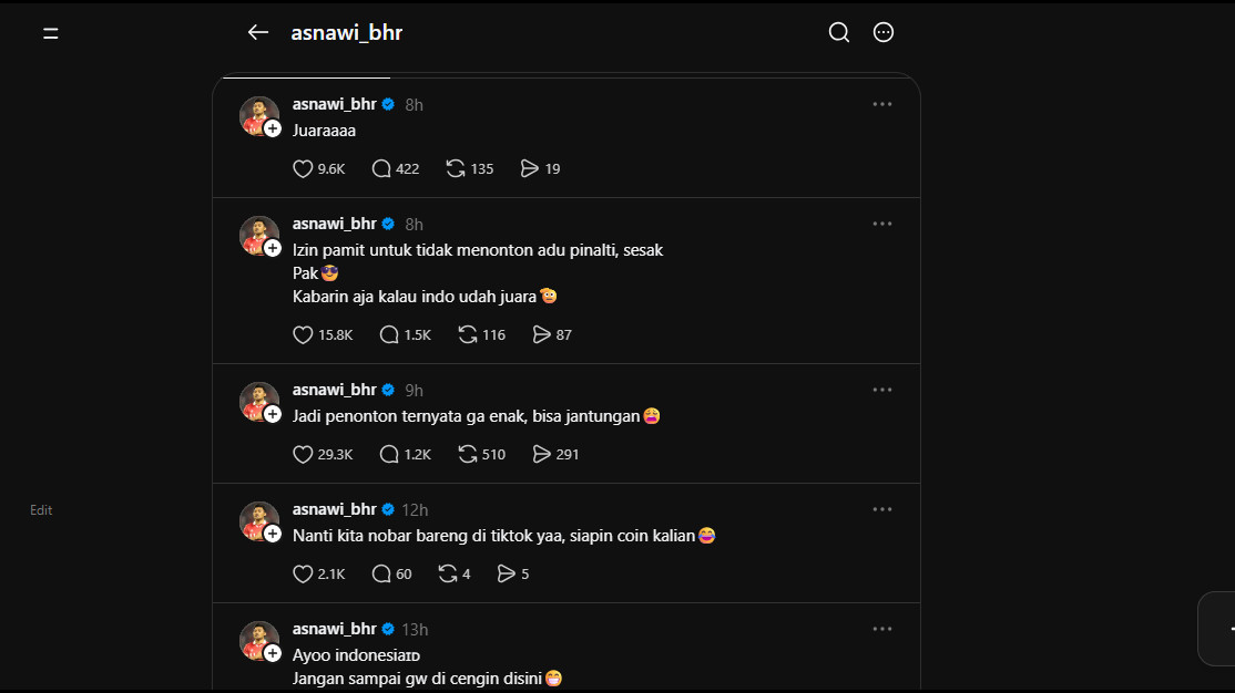 Postingan Asnawi Mangkualam usai saksikan Timnas Indonesia di FIFA ASEAN Cup 2026