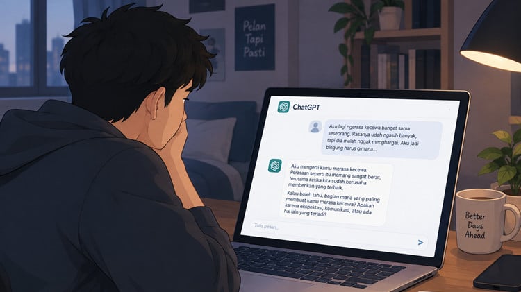 Ilustrasi seseorang curhat dengan ChatGPT