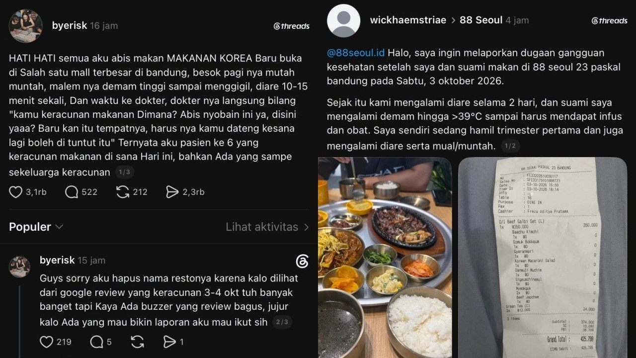 Netizen Threads mengaku mengalami keracunan usai menyantap makanan Korea di restoran 88 Seoul pada 3 Oktober 2026.