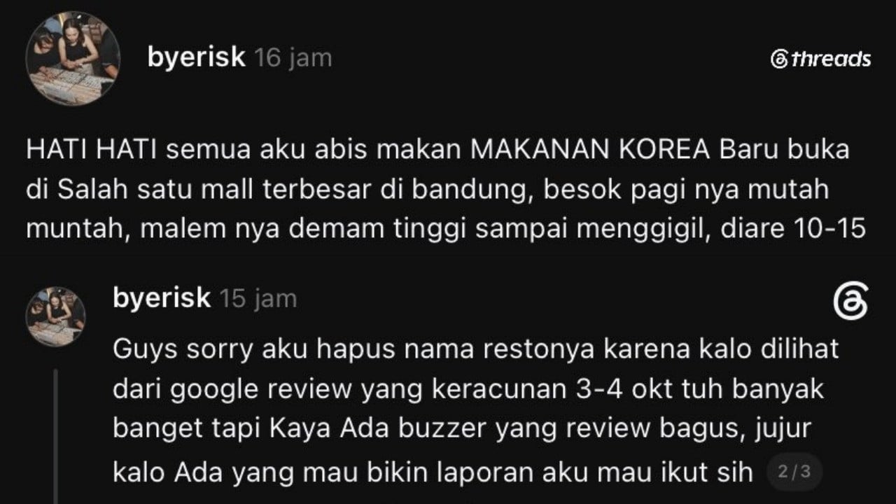Netizen Threads mengaku mengalami keracunan usai menyantap makanan Korea di restoran 88 Seoul pada 3 Oktober 2026.