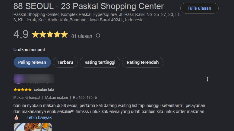 Rating Google Review Restoran 88 Seoul Paskal Bandung Justru Meroket Usai Dugaan Keracunan Para Pelanggan
            - galeri foto