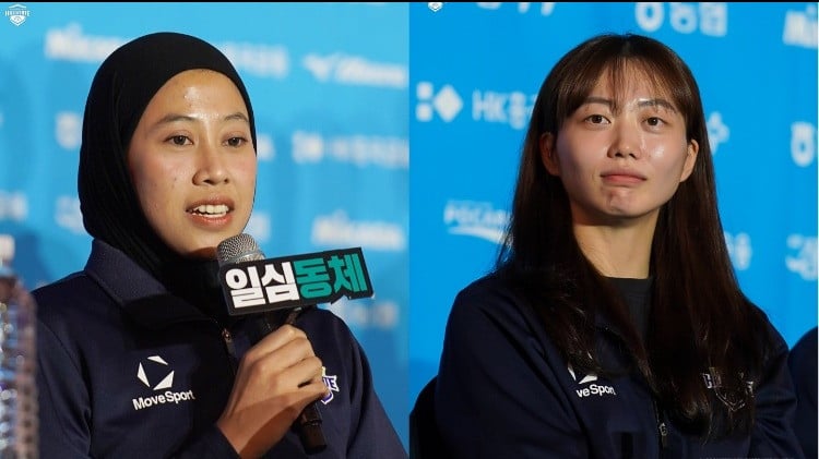 Megawati Hangestri dan Kim Da-in saat menghadiri Media Day Liga Voli Korea musim 2026/2027.