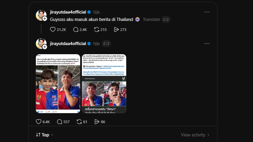 Jirayut masuk pemberitaan media Thailand usai berada di tribun fans Timnas Indonesia