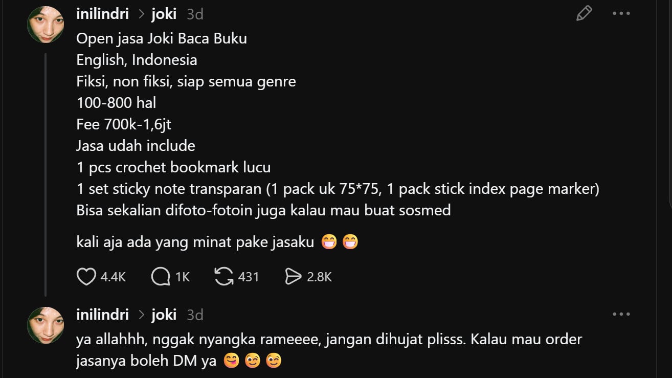 Ilustrasi Gokil, Cuma Baca Buku Dibayar Rp1,6 Juta Jasa Joki Ini Viral karena Bikin Orang Terlihat Intelek