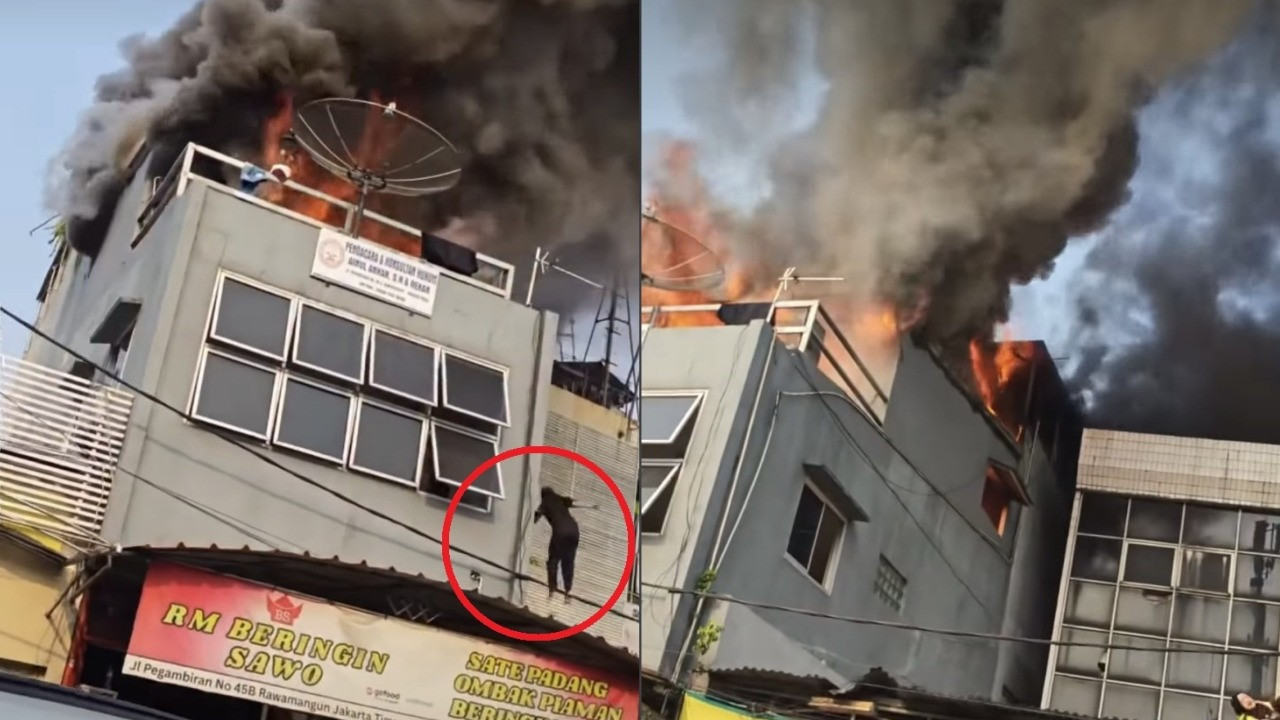 Detik-detik seorang ibu melompat dari atap bangunan yang terbakar sambil menyelamatkan anaknya di Rawamangun, Jakarta Timur pada Jumat (9/10/2026).