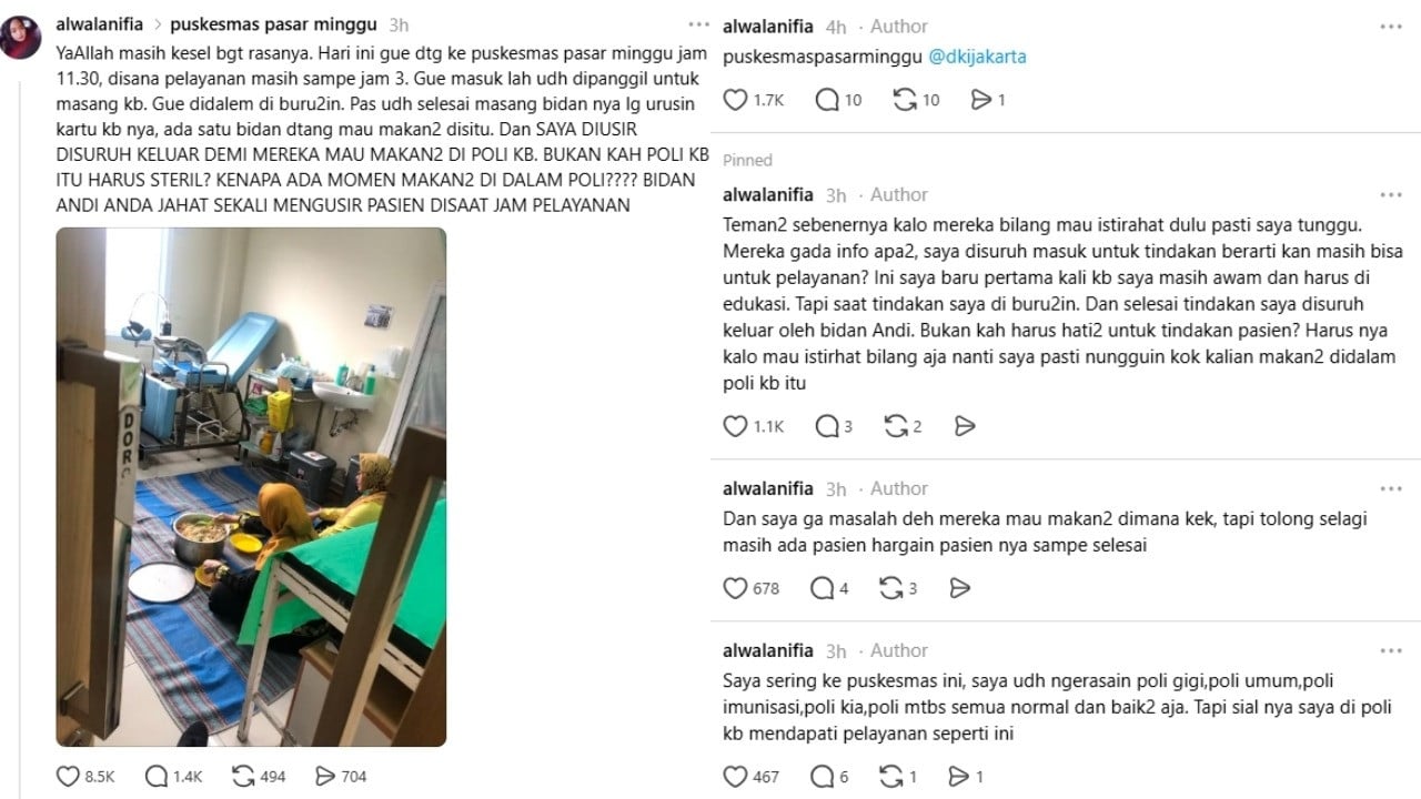 Viral netizen Threads mengaku diusir bidan Poli KB di Puskesmas Pasar Minggu karena mau makan-makan di ruang praktik