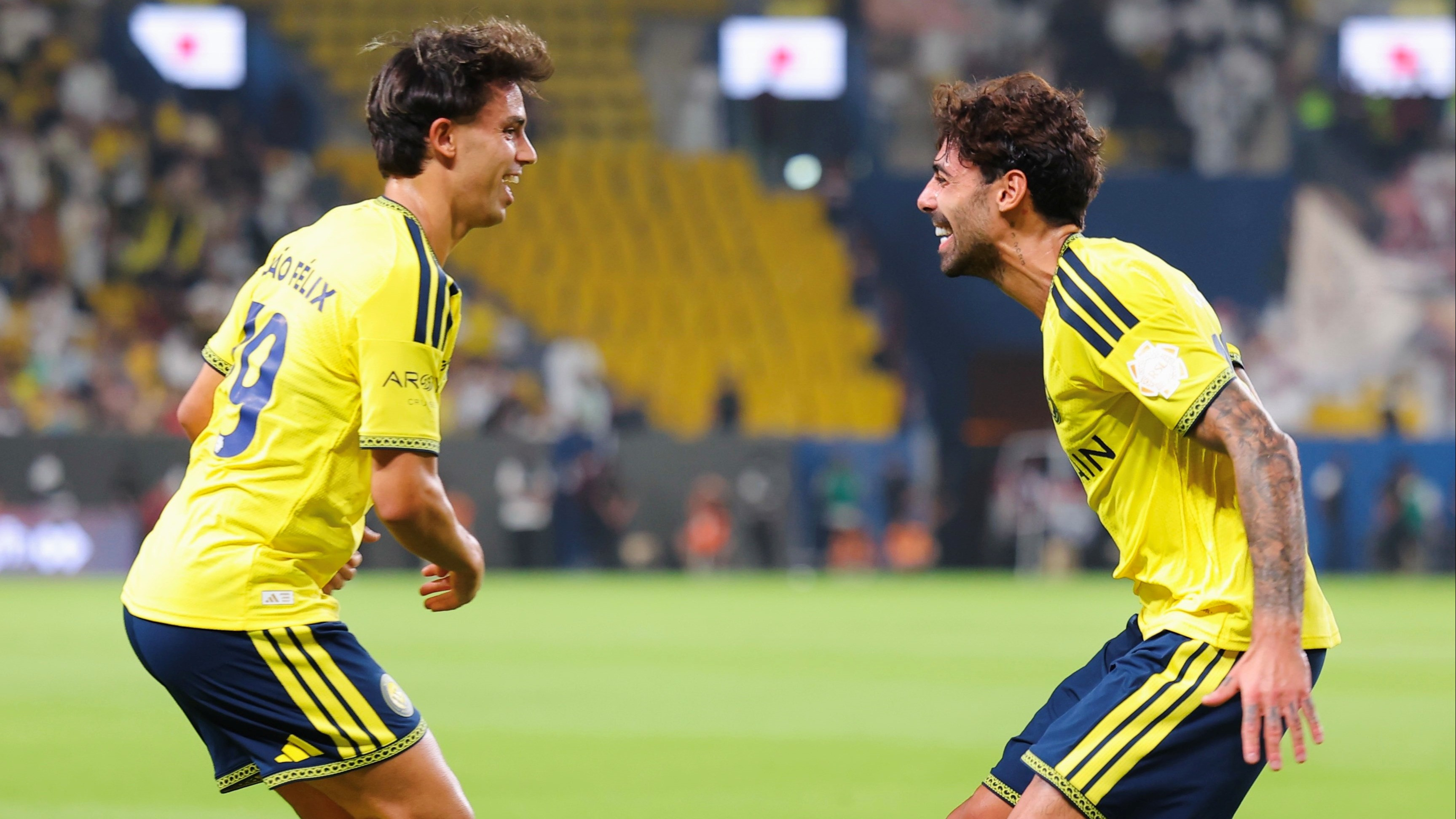 Selebrasi gol Samu Costa (kanan) bersama Joao Felix (kiri) dalam laga Al Nassr vs Al Draih, Sabtu (10/10/2026).