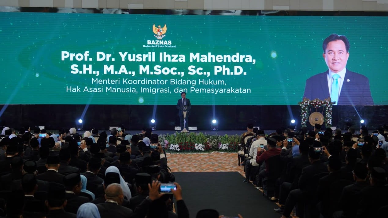 Menko Kumham Impipas Yusril Ihza Mahendra dalam Rakor Baznas pada Selasa (13/10/2026) di Jakarta.
