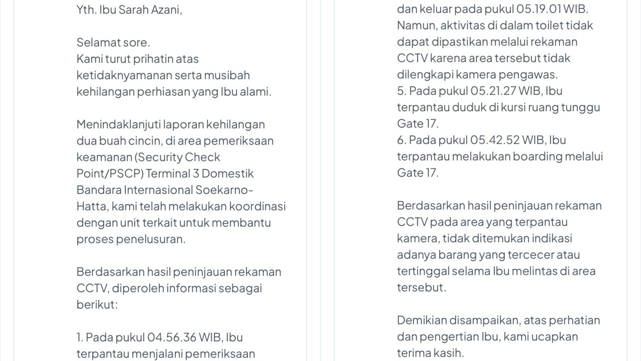 Pernyataan InJourney Airports soal laporan kehilangan dua buah cincin milik penumpang di Terminal 3 Domestik Bandara Soetta