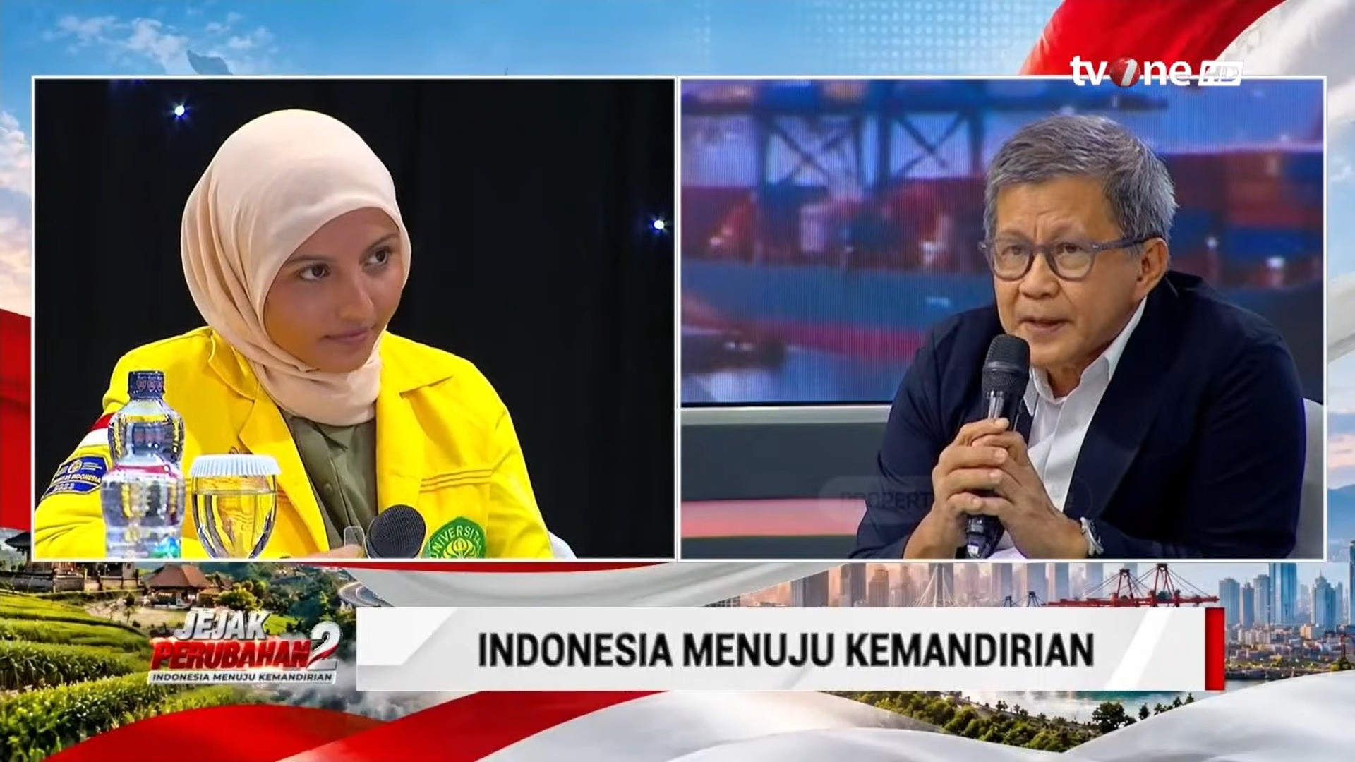 Wakil Ketua BEM UI, Fathimah Azzahra, dan Wantimpres Rocky Gerung dalam Talkshow Spesial: Jejak Perubahan yang tayang di tvOne, Senin (19/10/2026).