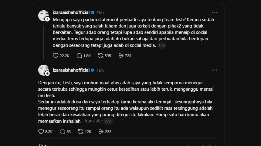Aktris Malaysia Izara Aishah minta maaf ke Lesti Kejora