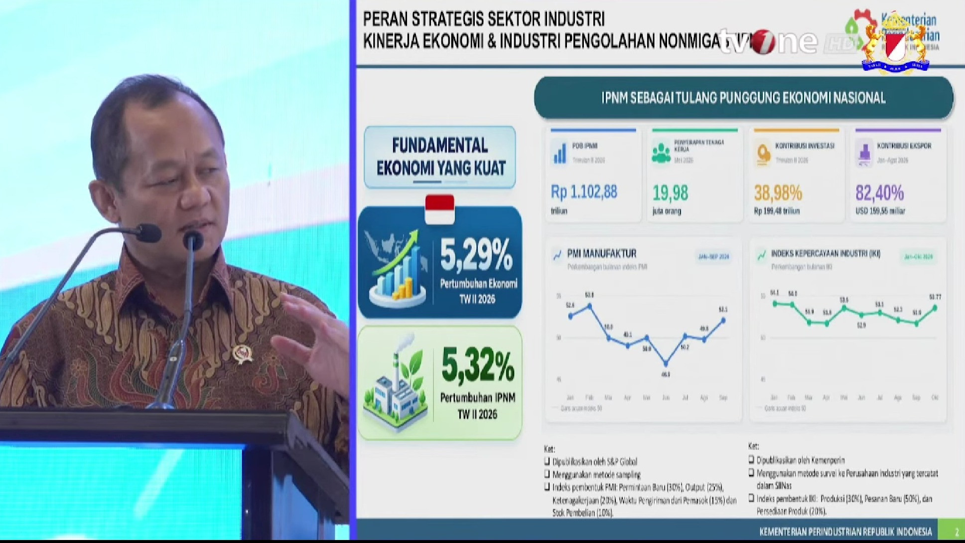 Menteri Perindustrian Sarmuji saat pemaran kondisi industri dalam negeri di Rapimnas Kadin 2026, Jumat (30/10/2026).