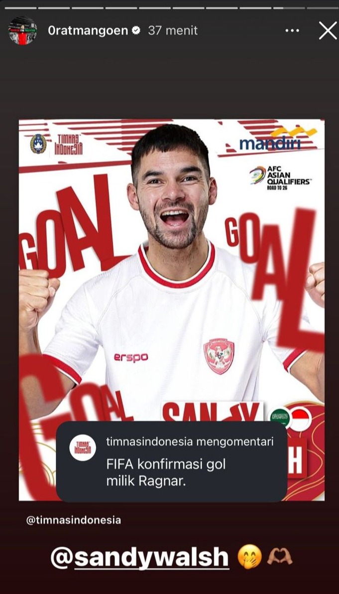 Instastory Ragnar Oratmangoen yang ledek Sandy Walsh usai gol Timnas Indonesia ke gawang Arab Saudi disahkan FIFA. Sumber: instagram Oratmangoen