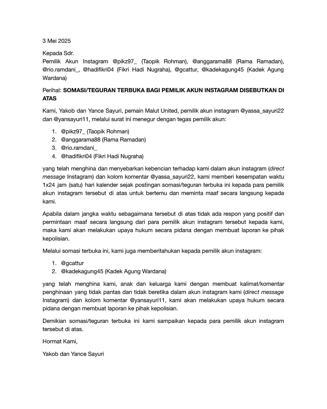 Yakob dan Yance Sayuri Layangkan Somasi usai Laga Malut United Vs Persib Bandung, Ada Apa?
            - galeri foto