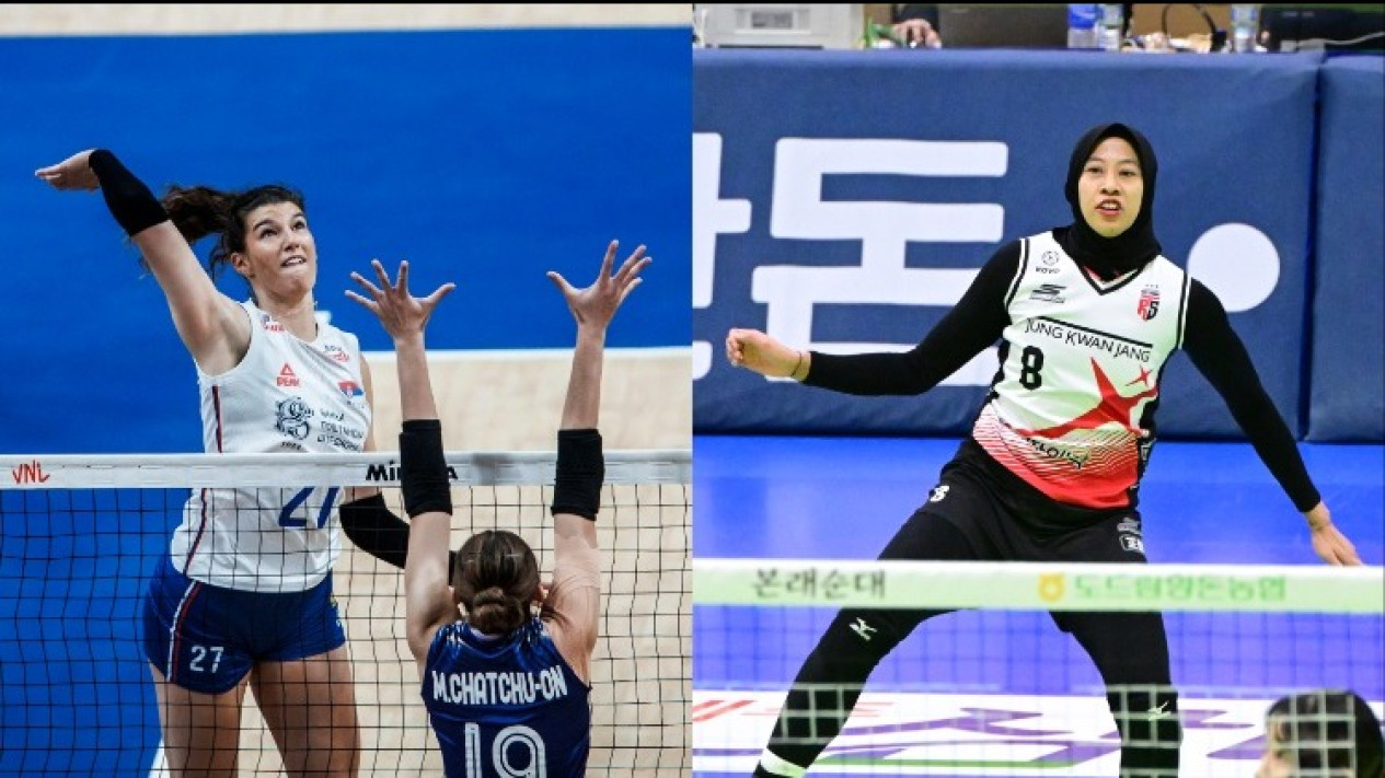 Kolase foto Aksi Vanja Bukilic dan Megawati HAngestri di liga voli Korea Musim lalu