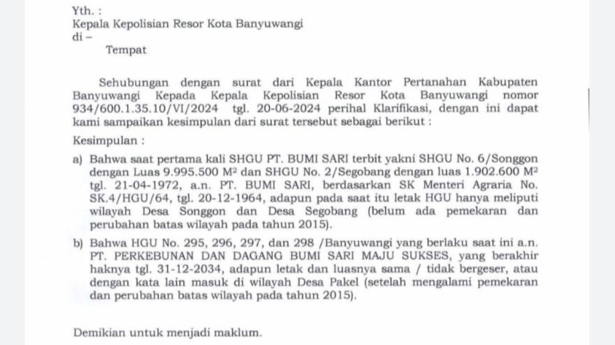 BPN Banyuwangi Sebut Tanah Desa Pakel Masuk Wilayah Sertifikat HGU Bumisari
            - galeri foto